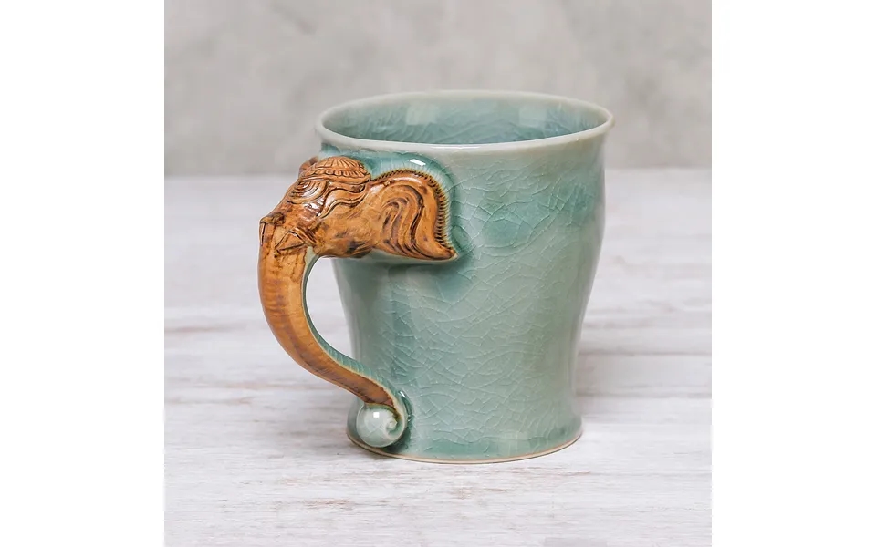 Novica Elephant Handle In Green Celadon Ceramic Elephant Mug In Green From Thailand 10 Oz