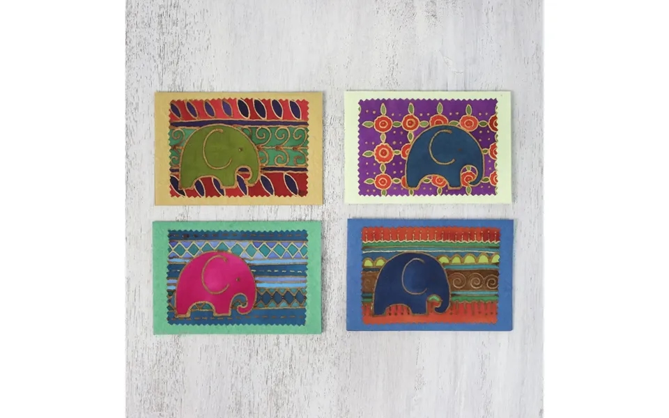 Novica Elephant Journeys Batik Cotton And Paper Elephant Greeting Cards Set Of 4