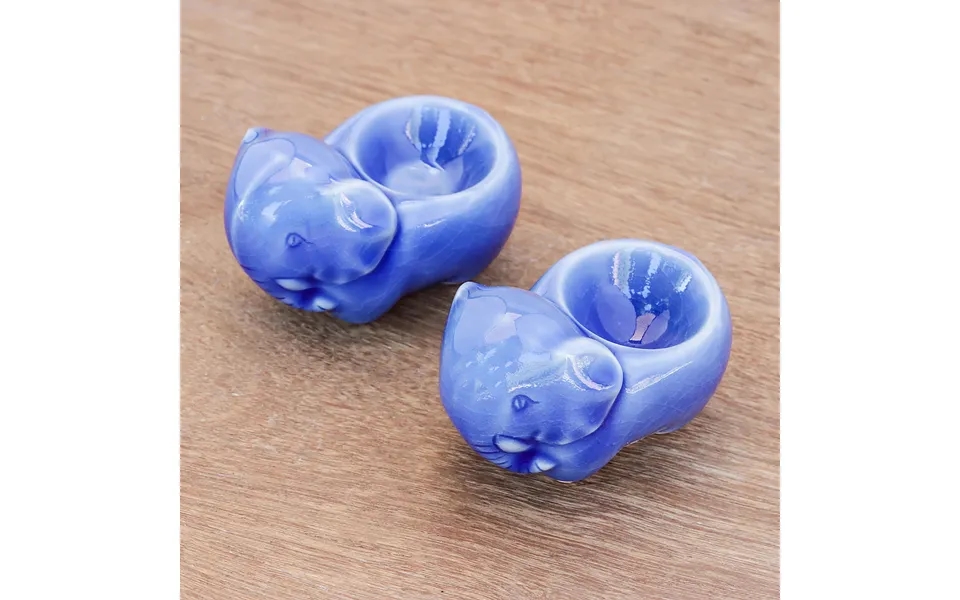 Novica Elephant Sisters Blue Ceramic Elephant Egg Cups From Thailand Pair