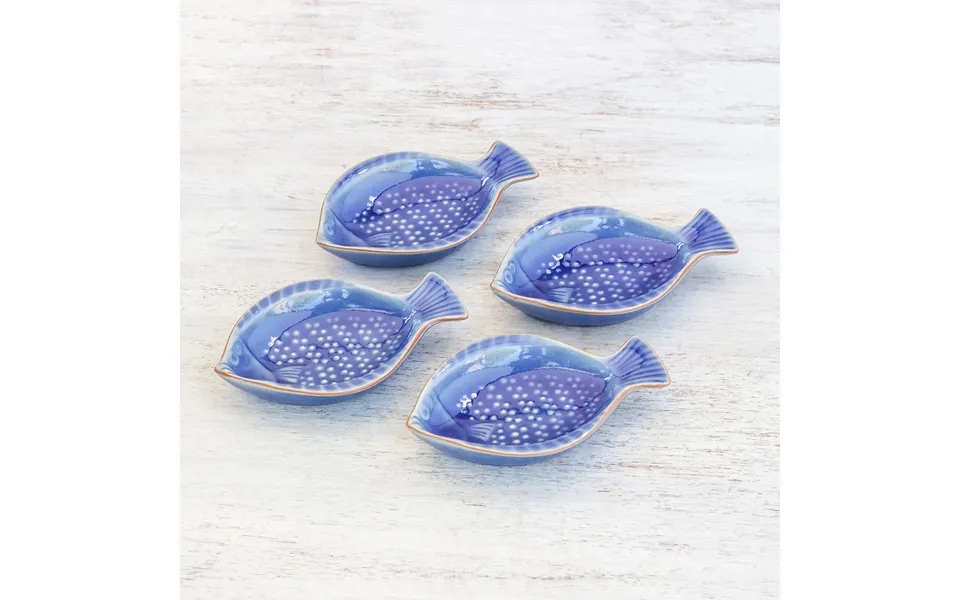 Novica Festive Fish Fish-shaped Blue Ceramic Appetizer Bowls Set Of 4