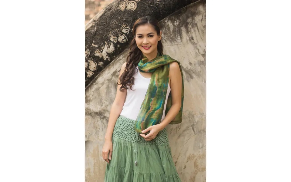 Novica Green Thai River Tie Dye Green And Blue Silk Scarf From Thailand