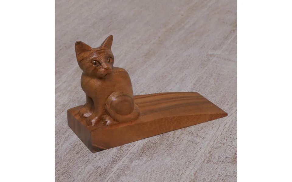 Novica Helpful Kitten In Brown Handcrafted Suar Wood Cat Doorstop In Brown From Bali