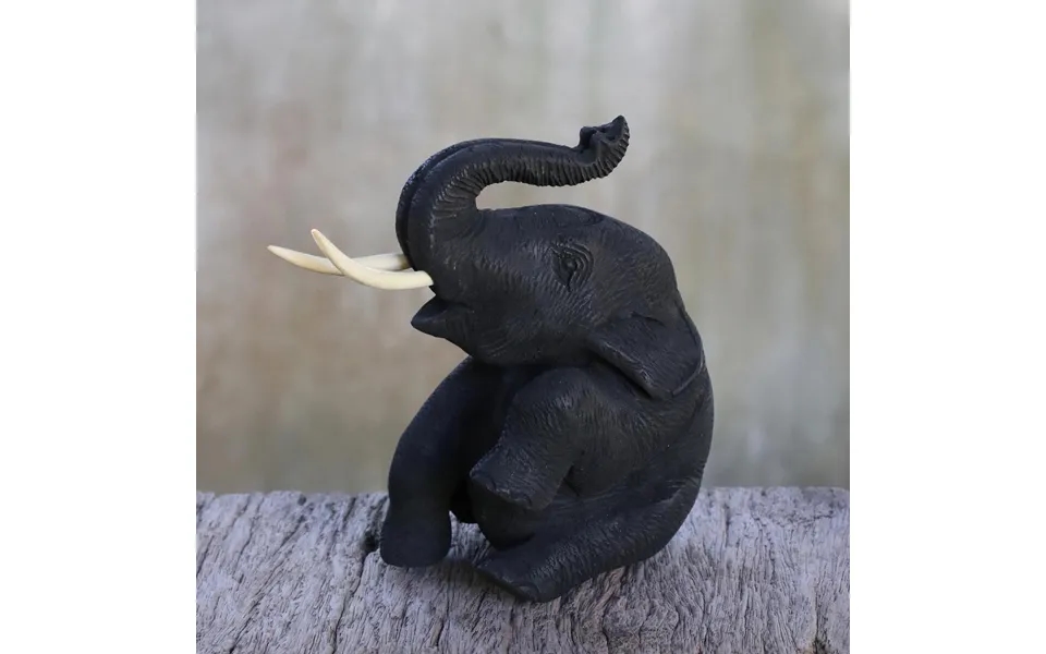 Novica Joyous Elephant Black Teakwood Wood Sculpture