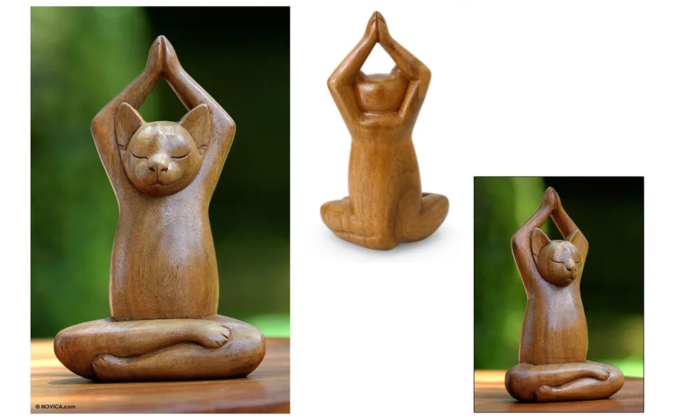 Novica Lotus Pose Yoga Cat Wood Sculpture Yoga
