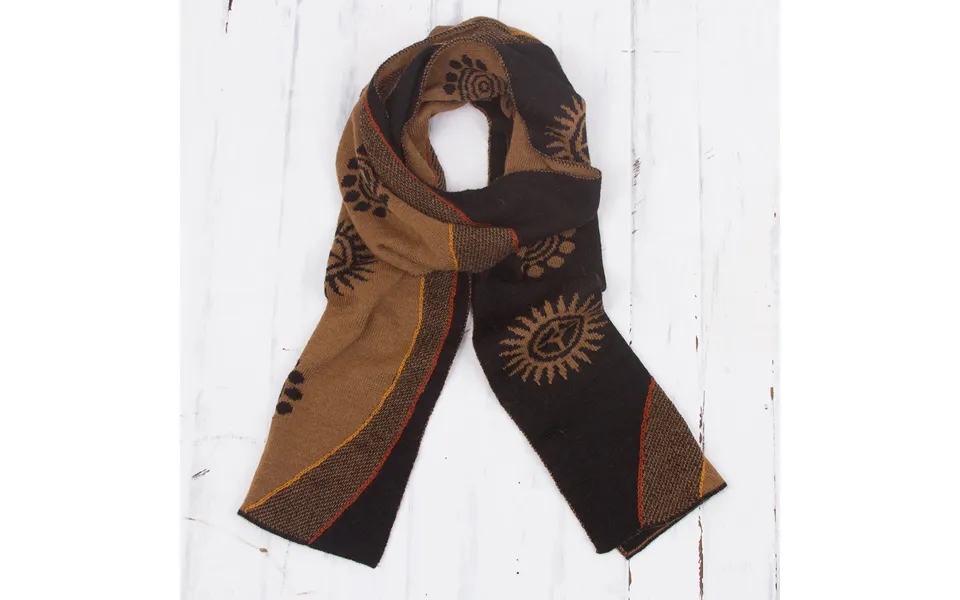 Novica Sepia And Black Cosmovision Reversible Sepia And Black Sun Motif Alpaca Blend Scarf