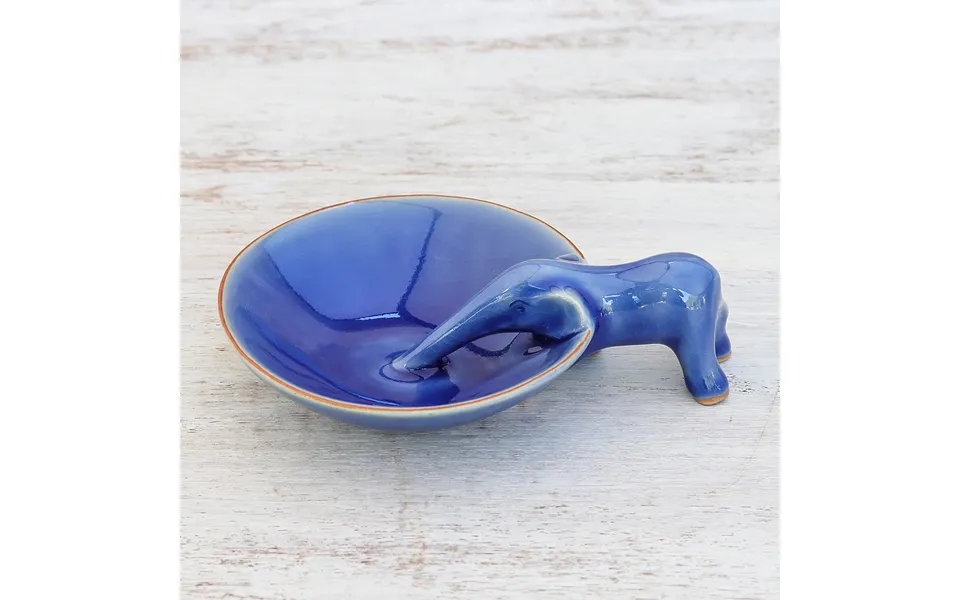 Novica Sipping Elephant Blue Ceramic Incense Holder