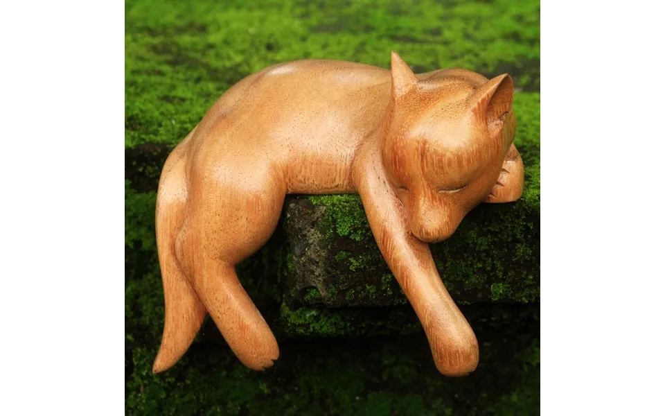 Novica Sleepy Kintamani Dog Artisan Carved Balinese Wood Sculpture Of A Dog