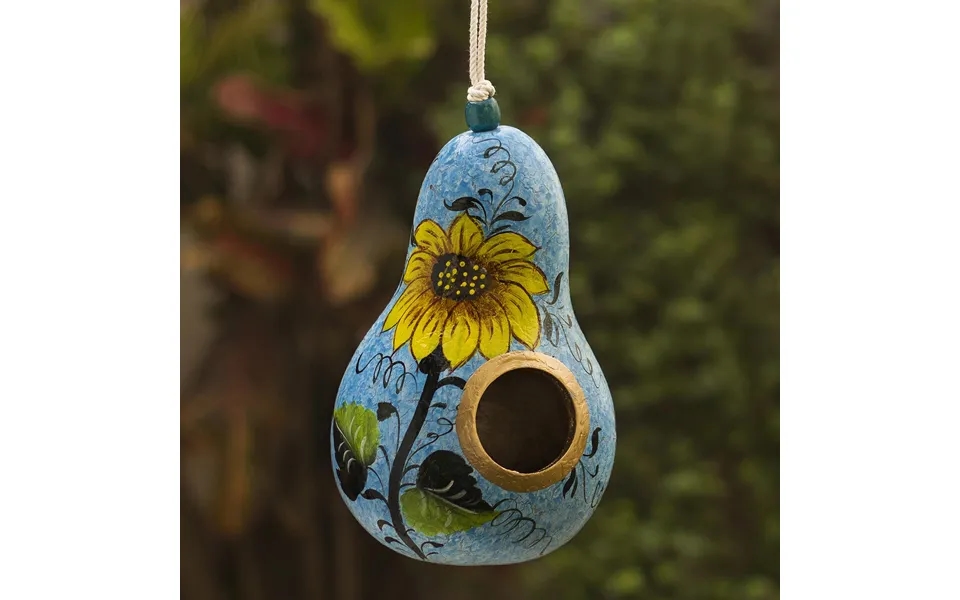 Novica Sunflower And Sky Hand Painted Dried Gourd Birdhouse