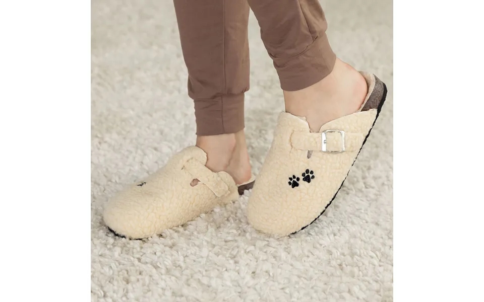 Paw Print Plush Sherpa Fleece Clog Slippers - Cream