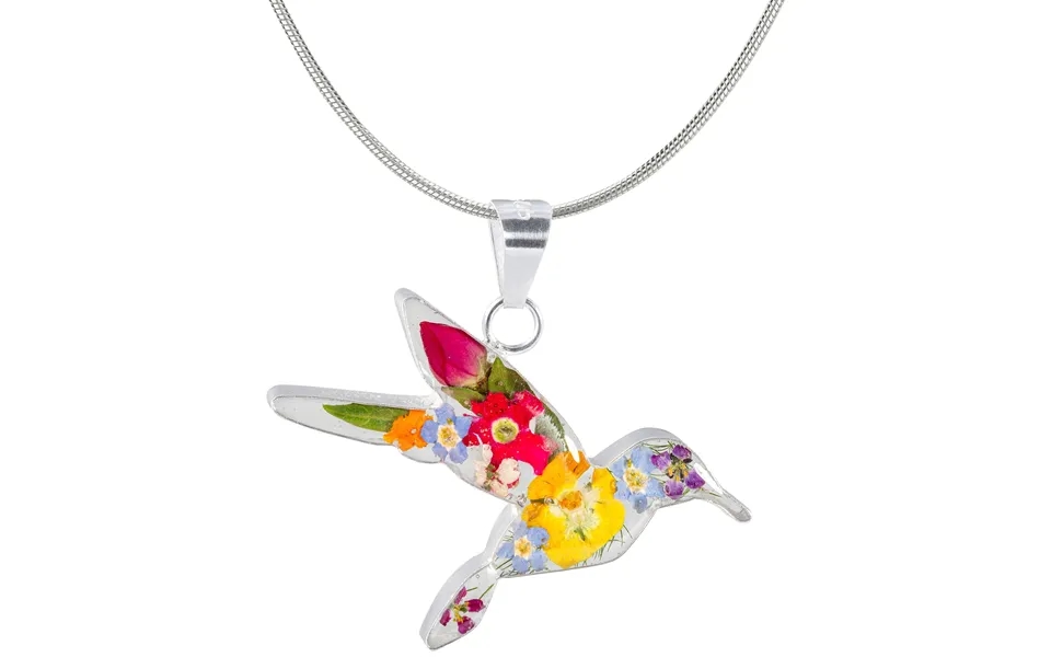 Real Flowers & Sterling Hummingbird Necklace - With Diamond Cut Chain