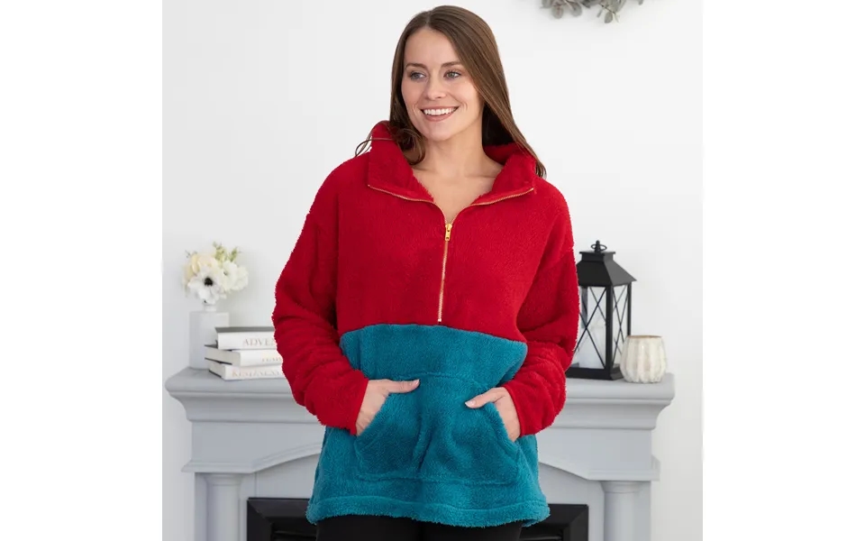 Two Tone Fleece Pullover - Red & Teal
