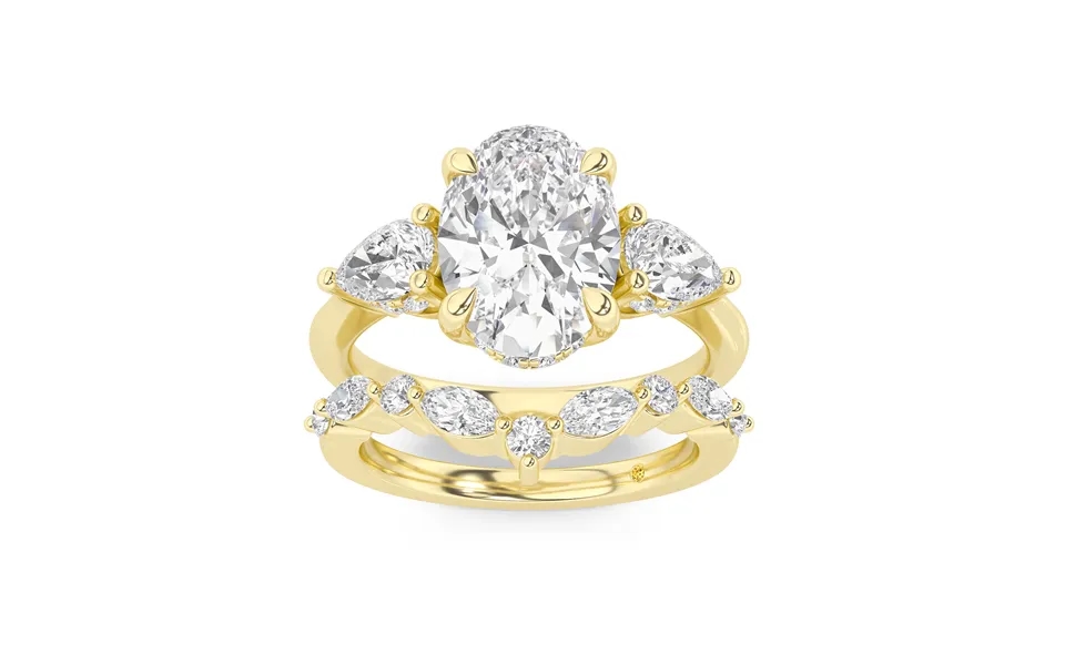 Celestia Lab Grown Oval Shaped Diamond Engagement Ring With The Angelina Wedding Band 18k Yellow Gold 3 1 2 Ct