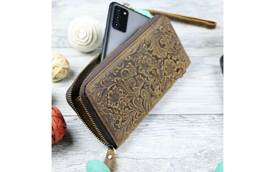 Women's Leather Zip Wallet With Flower Embossing - Real Leather