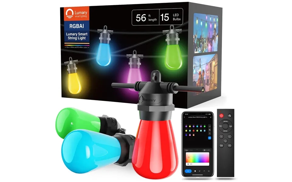 Lumary Rgbai Wi-fi & Bluetooth Outdoor Bulb String Lights 56ft 15 Led Bulbs
