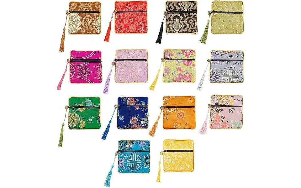 14pcs 14 Colors Chinese Brocade Tassel Zipper Jewelry Bag Gift Pouch
