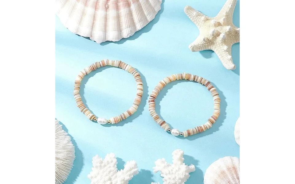 2pcs Natural Cultured Freshwater Pearl & Shell & Brass Spacer Beads Stretch Bracelets For Women