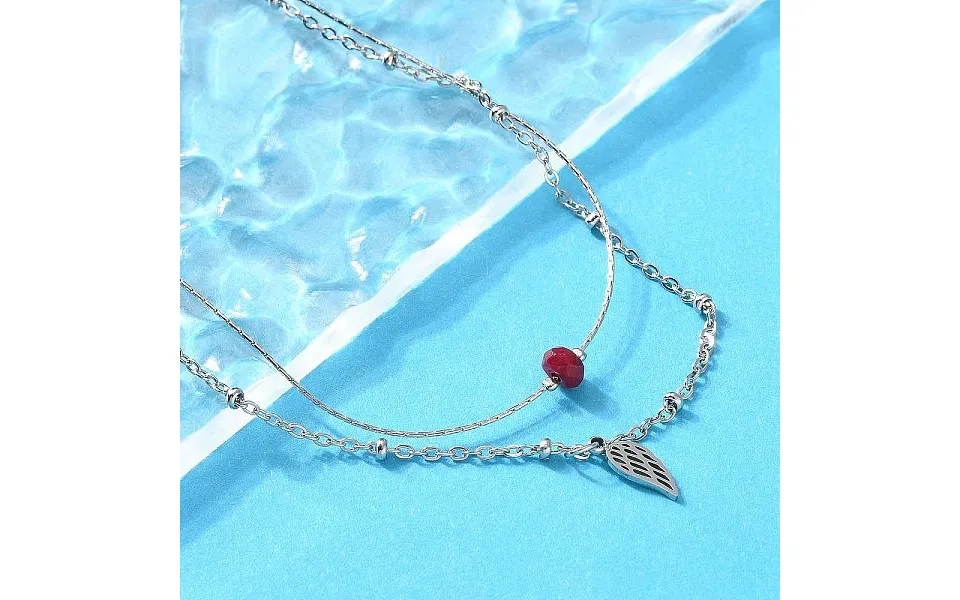 304 Stainless Steel & Dyed Natural White Jade Feather Pendant Double Layer Necklaces For Women