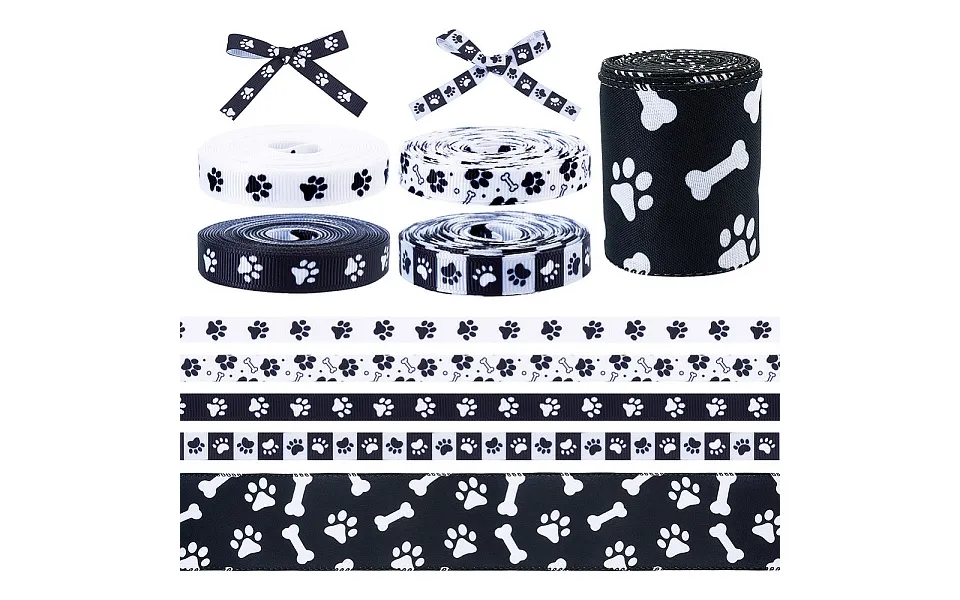 5 Rolls 5 Styles Polyester Paw Print Printed Grosgrain Ribbon