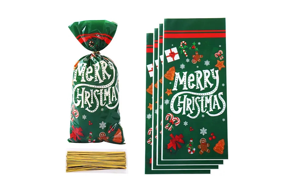 50pcs Merry Christmas Printed Opp Cellophane Packaging Bags With Wire Twist Ties