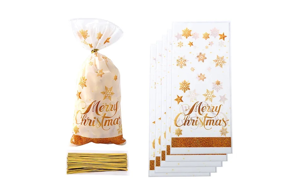 50pcs Merry Christmas Snowflake Printed Transparent Opp Cellophane Packaging Bags With Wire Twist Ties