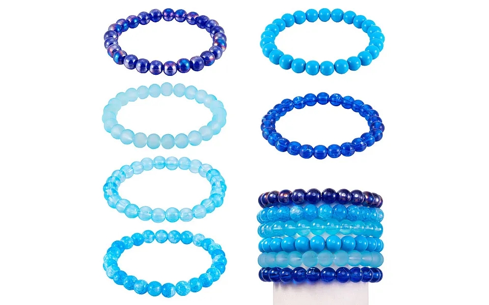 6pcs 6 Styles 8mm Glass Round Beaded Stretch Bracelet Sets