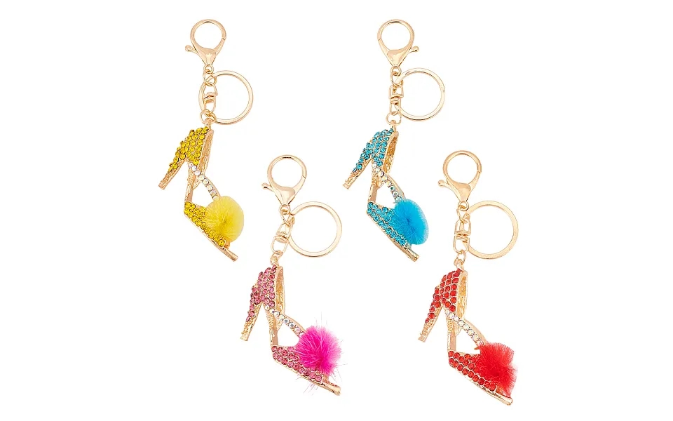 Ahadermaker 4pcs 4 Colors Fur Ball High Heels Shoes Rhinestones Pendant Keychain
