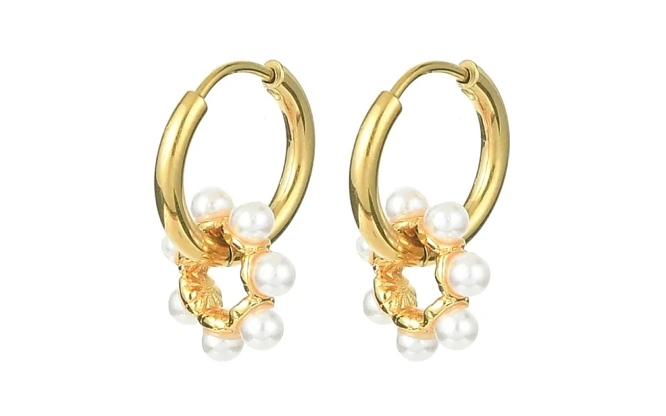 Brass Flower With Plastic Pearls Beaded Dangle Hoop Earrings