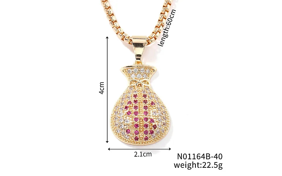 Fashion Hip-hop Street Style Brass Old Rose & Clear Cubic Zirconia Money Bag Pendant Box Chain Necklaces
