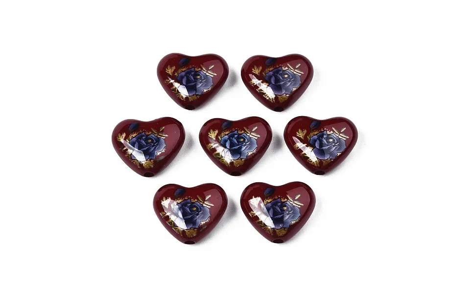 Flower Printed Opaque Acrylic Heart Beads