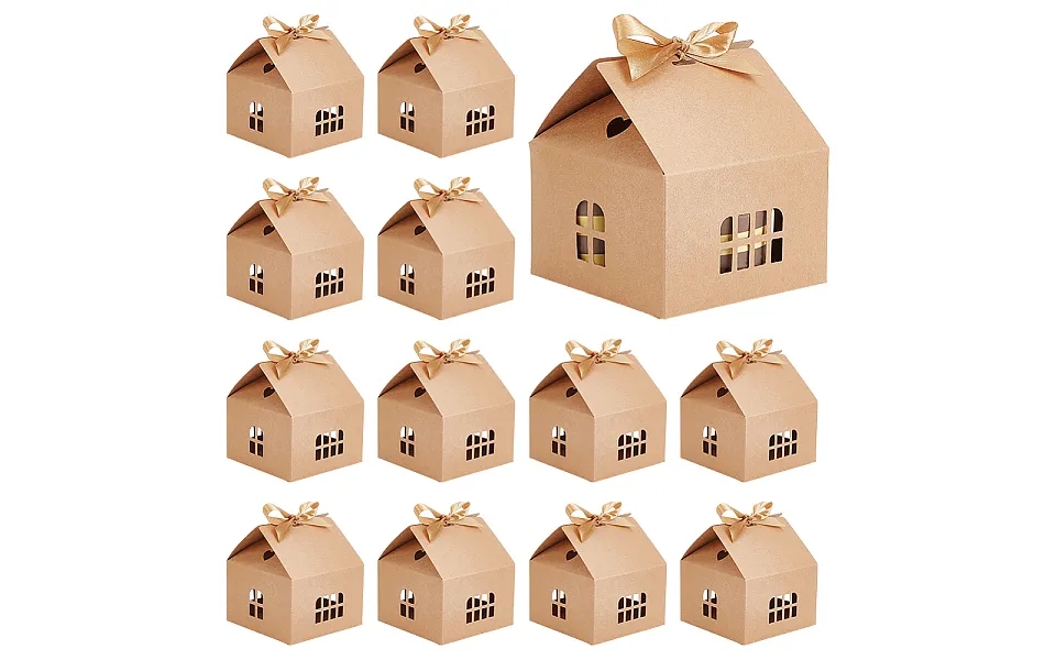 House Shaped Kraft Paper Folding Gift Box With Hollow Window And Ribbon