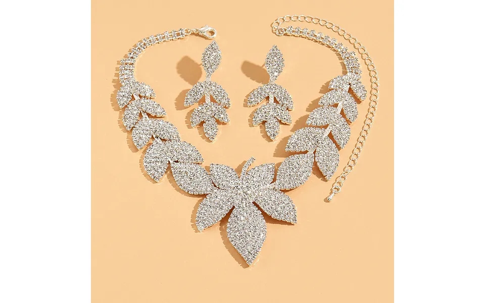 Leaf Brass Crystal Rhinestone Pendant Necklaces & Stud Dangle Earrings Sets