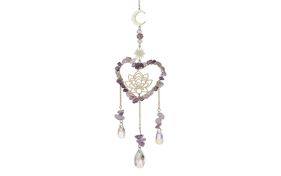 Natural Amethyst Chip & Brass Heart & Lotus Hanging Ornaments