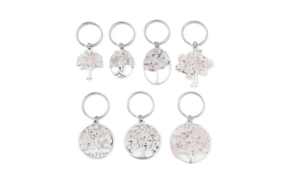 Natural Rose Quartz Chip & Alloy Tree Of Life Pendant Keychain