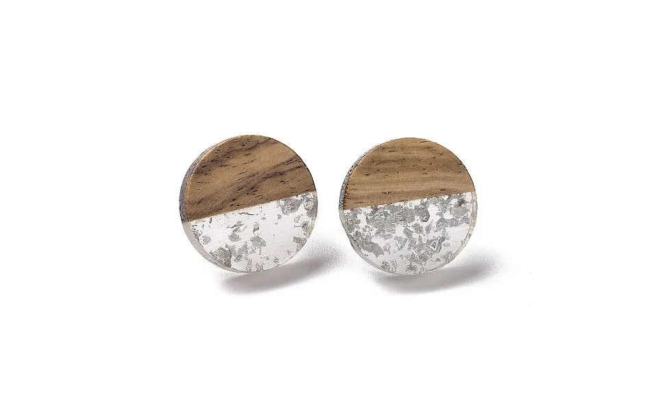 Resin & Walnut Wood Flat Round Stud Earrings With 304 Stainless Steel Pin For Women