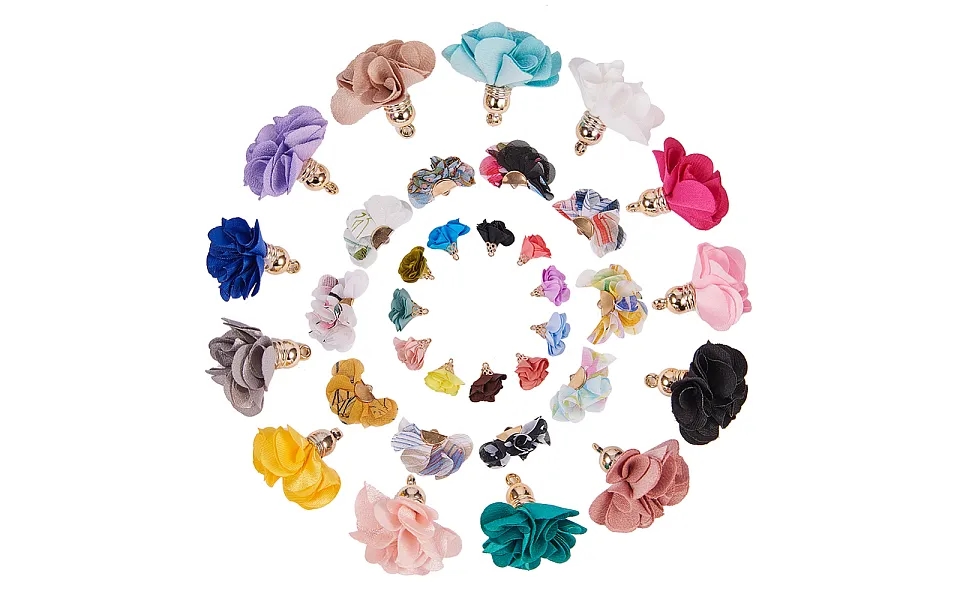 Sunnyclue 60pcs 3 Style 3d Cloth Flower Charms Pendants Fabric Floral Petal Tassel With Metal Caps Key Chain For Jewelry