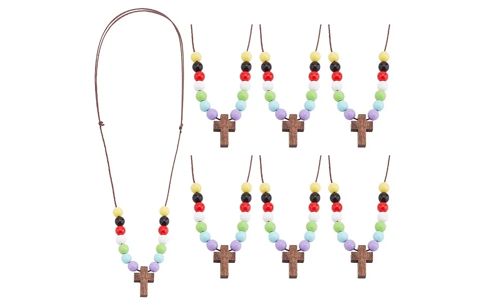 Wood Cross With Acrylic Beaded Pendant Necklaces For Women