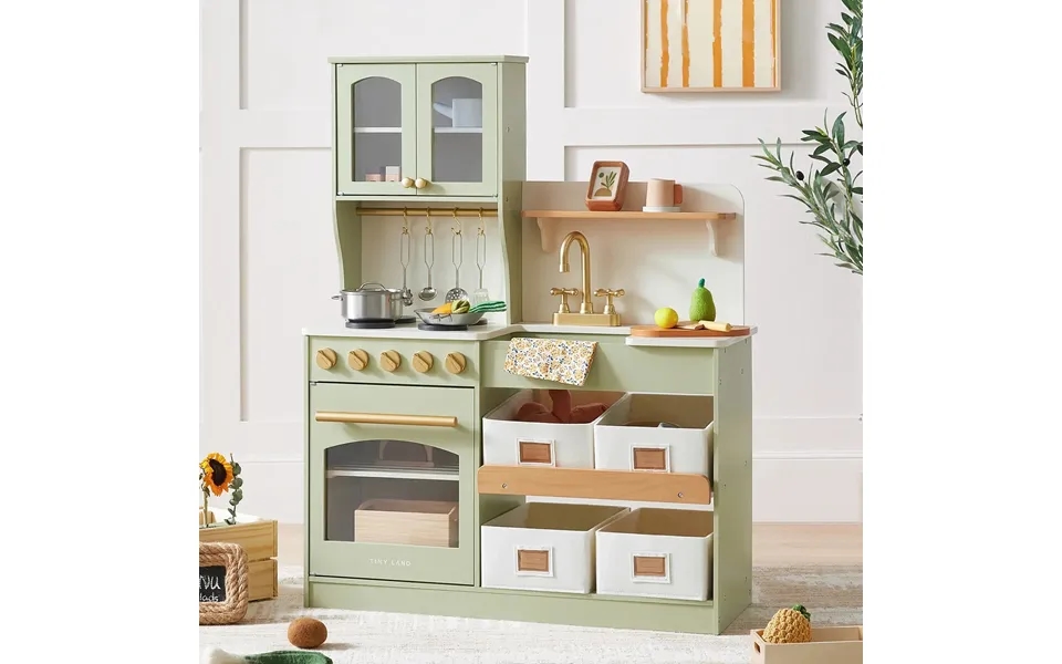 Tiny Land Pretend Play Kitchen For Toddlers - Serenity Wooden Kitchen Green