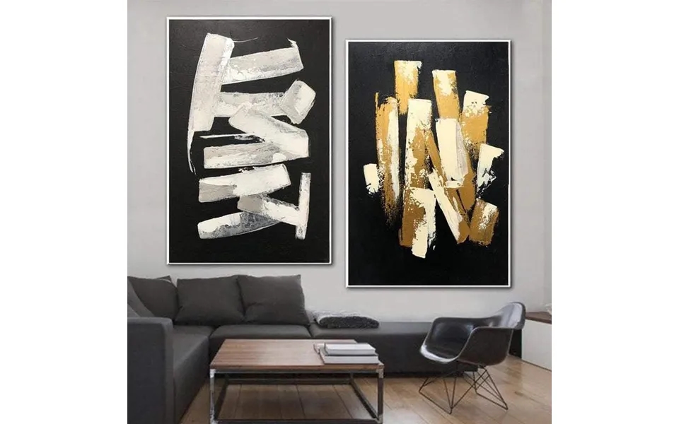 Black Fine Art On Canvas Modern Wall Art Set Of 2 Paintings Gold And White Breathing