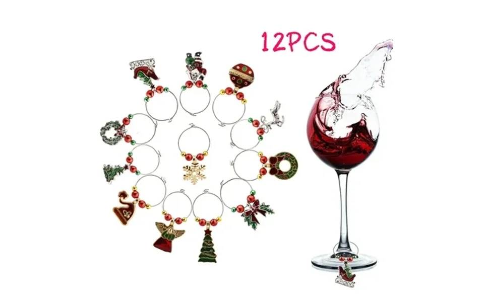 12 Pcs Christmas Glass Charms Marker Zinc Alloy Rings Pendant Identifier Cup