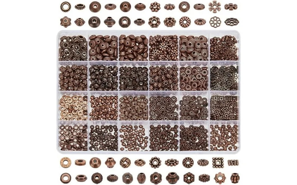 1200pcs 24 Styles Metal Spacer Beads Red Copper Spacer Beads Tibetan Flat Alloy Bead Spacers Antique Loose Beads Craft B