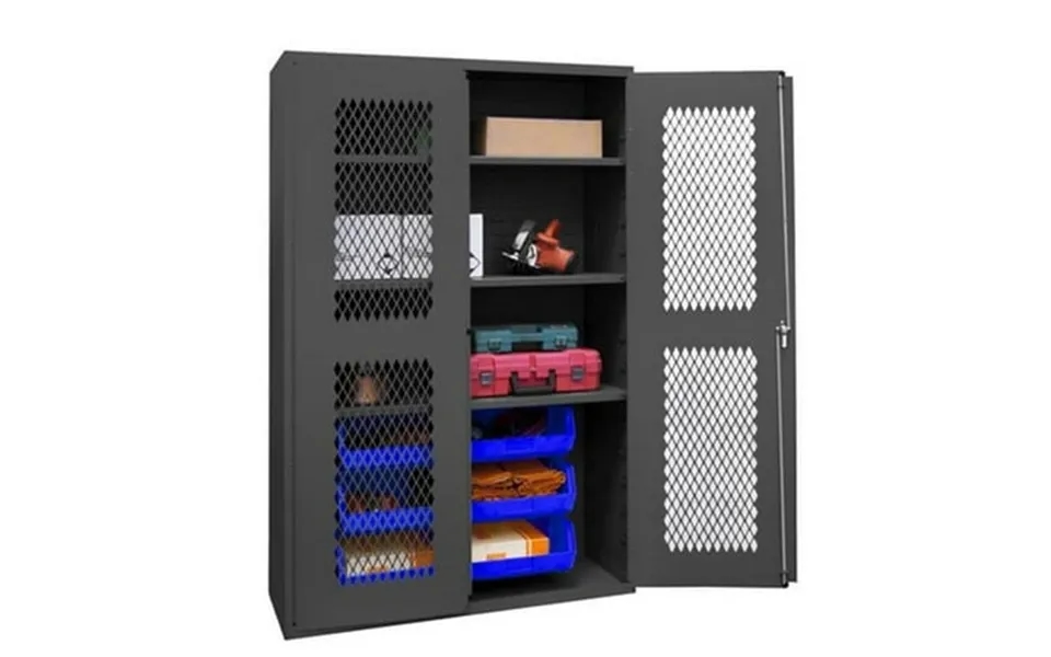 14 Gauge Flush Door Style Lockable Clearview Cabinet With 6 Blue Hook On Bins & 3 Adjustable Shelves Gray - 48 In