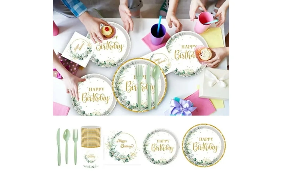 140 Pcs Greenery Happy Birthday Plates Eucalyptus Birthday Themed Party Decorations Green Leaf Baby Shower Party Dessert