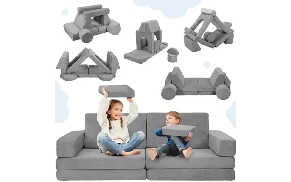 14pcs Kids Play Couch Caveen Baby Playroom Furniture Convertible Foam And Floor Cushion For Toddler Gray