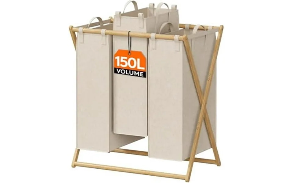 150l Large Laundry Hamper 3 Section Collapsible Bamboo X-frame Laundry Basket Sorter Clothes Hamper With 3 Removable Bag