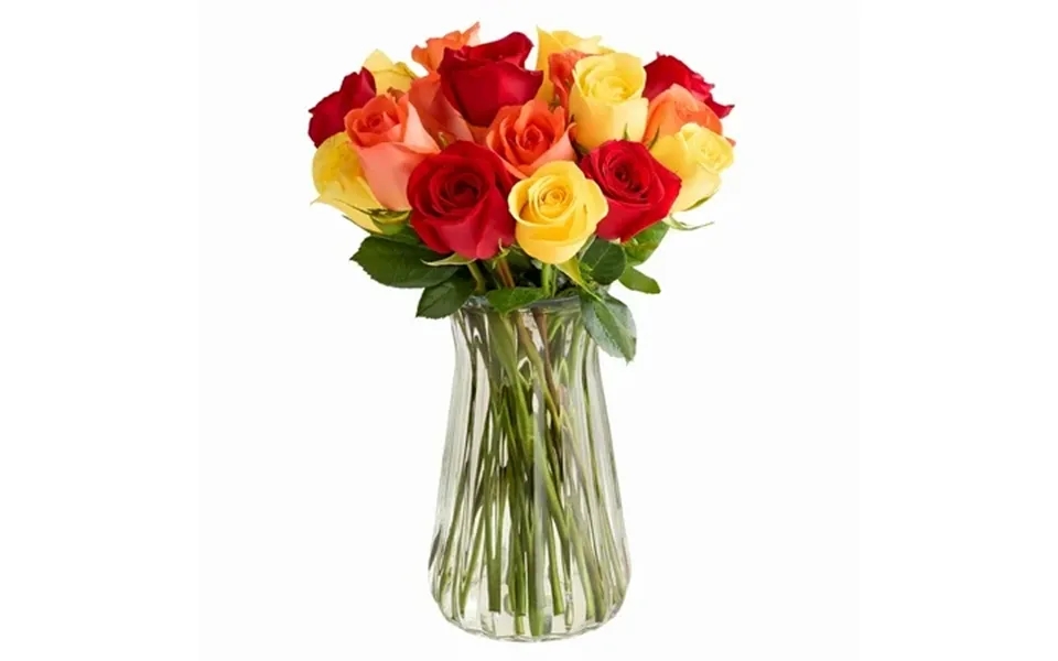 1800 Flowers - Autumn Rose Bouquet 18 Red Orange & Yellow Roses In Clear Vase Decorative