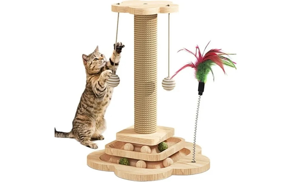 18.1 Cat Scratching Post With Board Base Cat Scratcher Pole Tower With Sisal Toy Track Toys Feather Toys For Indoor Cats