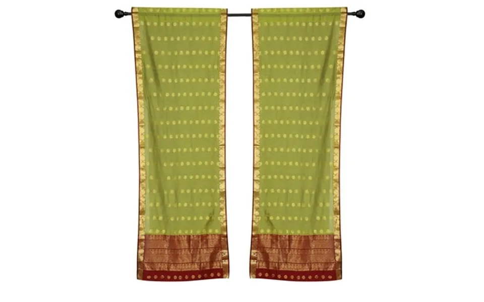 2 Lined Green Bohemian Indian Sari Curtains Rod Pocket Living Room -60w X 96l