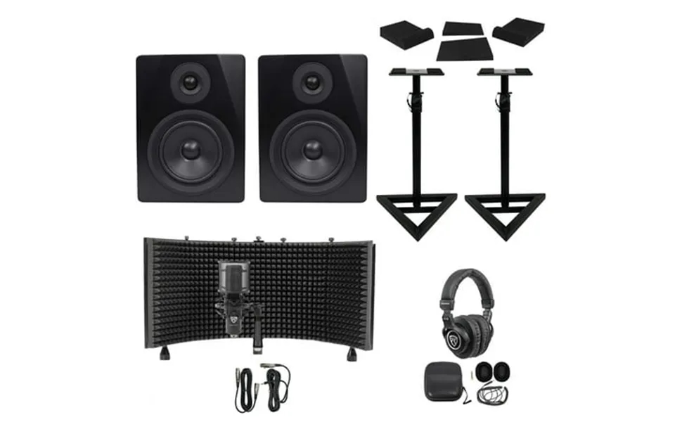 2 Rockville Apm5b 5.25 Active Studio Monitors Stands Mic Headphones Iso Shield