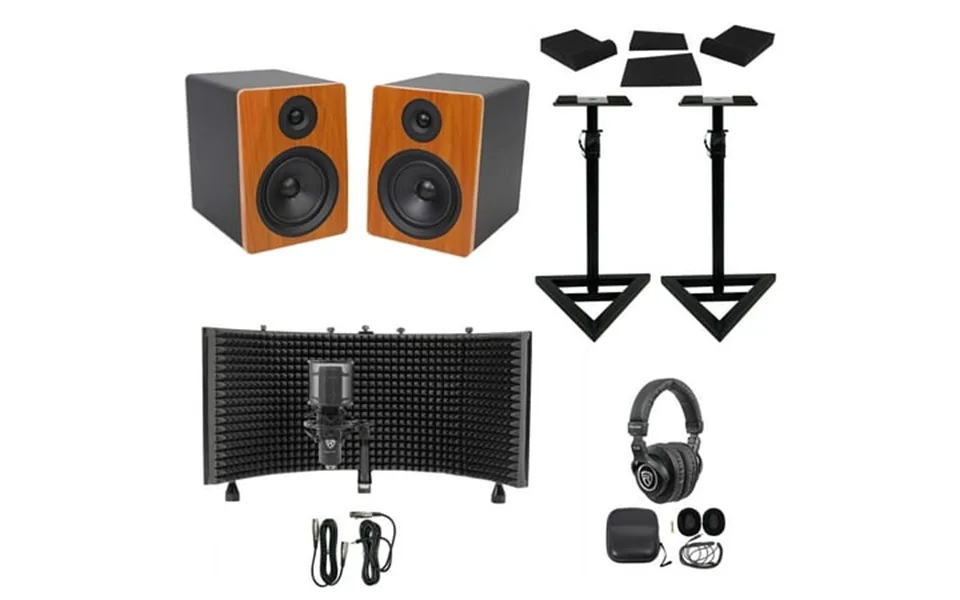 2 Rockville Apm5c 5.25 Active Studio Monitors Stands Mic Headphones Iso Shield