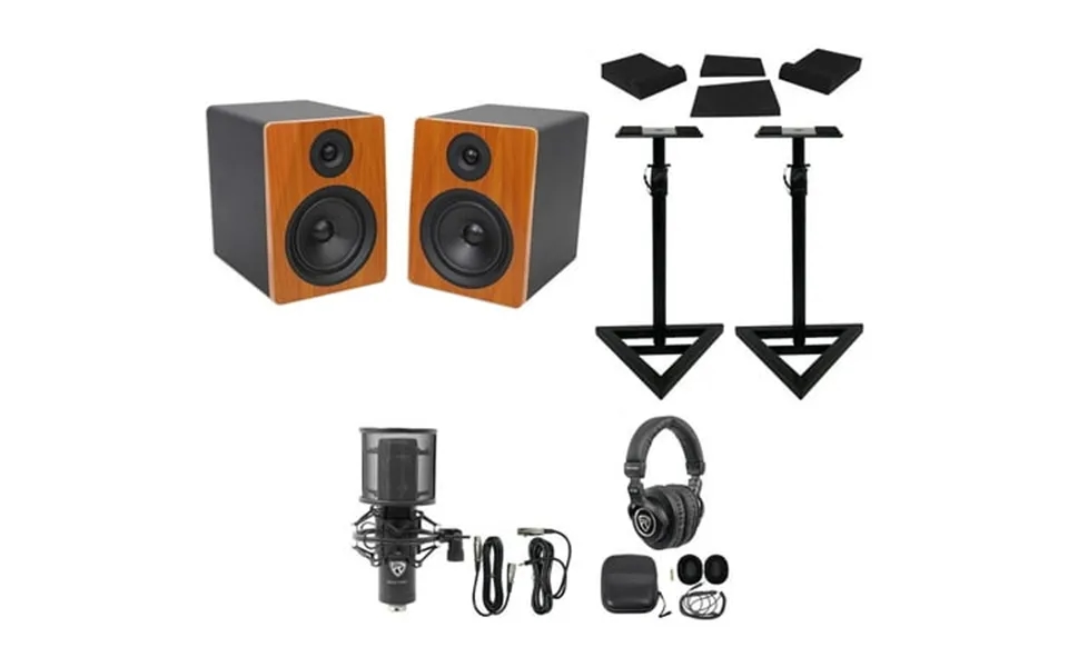 2 Rockville Apm5c 5.25 Powered Usb Studio Monitors Stands Pads Mic Headphones